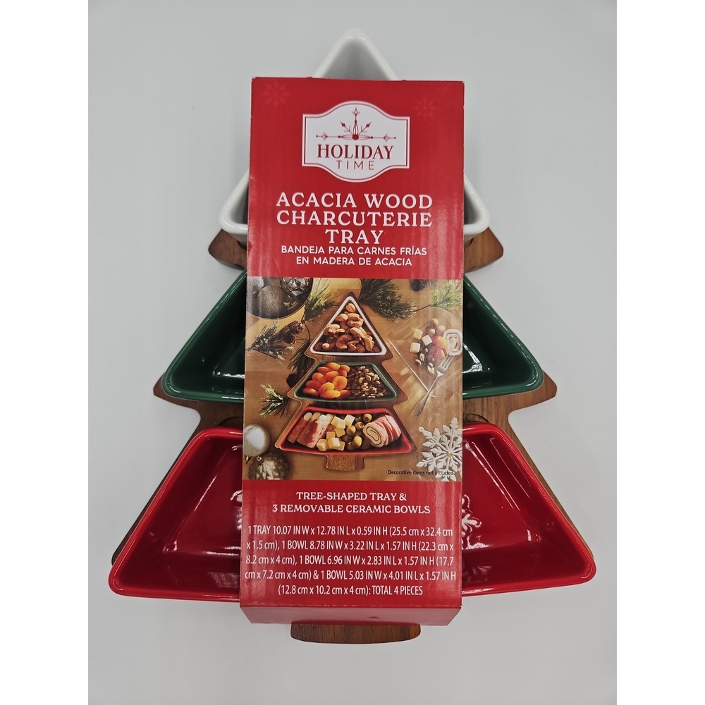 Holiday Time Acacia‎ Wood Christmas Tree Charcuterie Tray with Ceramic Bowls NEW